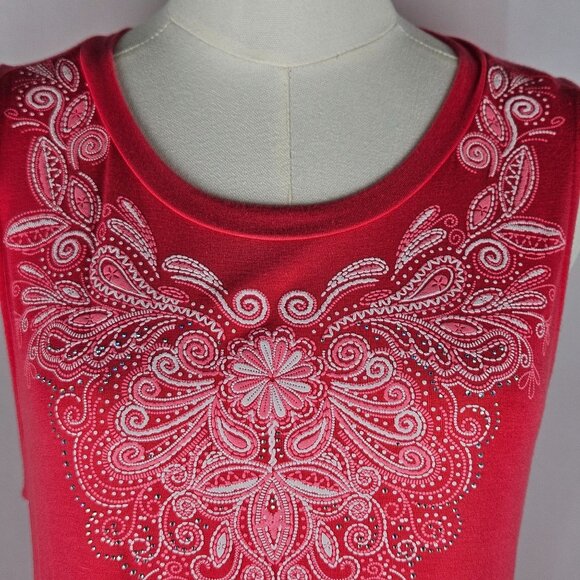 Sleeveless B.L.E.U. Red Tunic Top Medium Rhinestone Accents - Picture 2 of 7